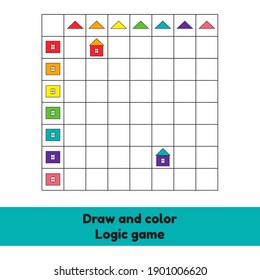 Ilustración vectorial. Dibujar y colorear. Juego lógico. Casas. Hoja de trabajo para niños en edad preescolar, preescolar y escolar.