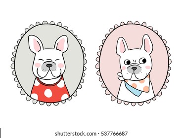 Vector illustration draw design vintage frame of pug dog.Doodle cartoon style.