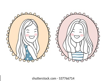 Vector illustration draw design vintage frame of sweet girl.Doodle cartoon style.