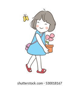 Vector illustration draw of a girl smiling with butterfly and flower in holiday. Doodle cartoon style.