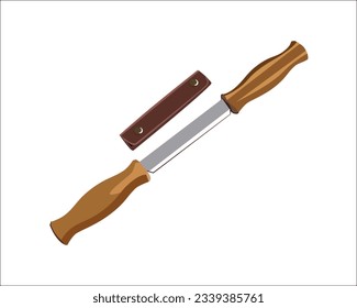 Vector Illustration Draw Knife with Leather Sheat Straight Shave Knife Woodworking Hand Tool Carving isolated on white background. Carpentry tools.