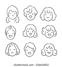 Vector illustration draw outline cute face of lady.Doodle cartoon style.