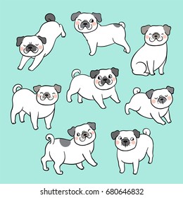 Vector illustration draw outline different pose of adorable pug dog.Doodle style.