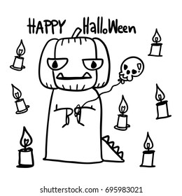 vector illustration draw outline of Drawings lizard Halloween Pumpkin doodle cartoon style. character design. isolated line.