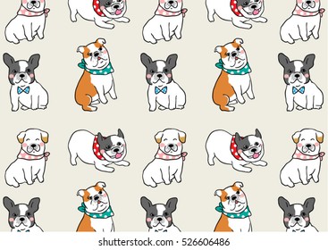 Vector illustration draw pattern background of cute pug dog,bulldog.Doodle cartoon style.