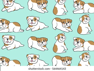 Vector illustration draw pattern background of bull dog on green pastel.Doodle style.