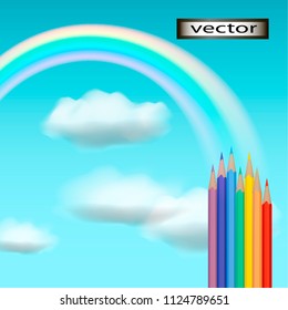 Vector illustration, Draw a rainbow on the sky in clouds with colored pencils to paint the world in bright colors.
