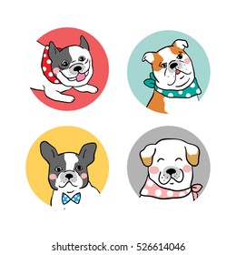 Vector illustration draw signs logo of pug dog,bulldog.Doodle cartoon style.