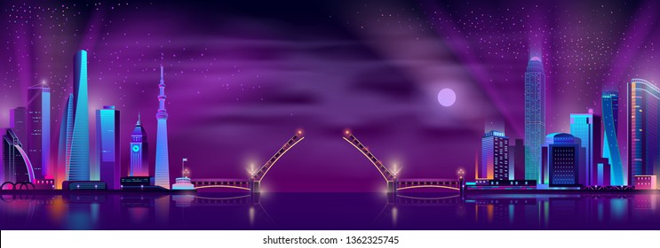 Vector illustration with drawbridge between two modern megalopolises. Cities on the river connected by bridge. Night architecture background with neon glowing buildings, skyscrapers in cartoon style.