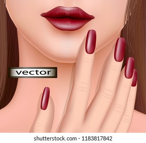 Vector illustration drawing 3D bright red wine color evening makeup on nails manicure and lipstick on lips