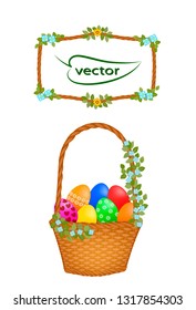 Vector illustration drawing 3D Easter eggs set multi-colored painted patterns and stacked in a wicker basket decorated with flowers