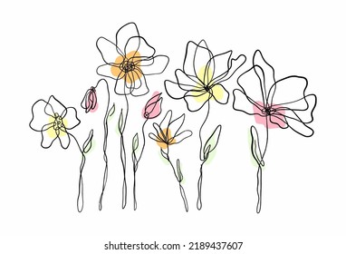 vector illustration drawing abstract flowers, freehand drawing with one line, delicate summer flowers, nature and plants, modern art, illustration for design