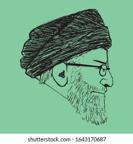 Vector Illustration Drawing Ali Khamenei Supreme Leader Of Iran In Black Lines And Green Background For News, Article And Others.