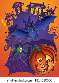 Vector Illustration Drawing Art of Halloween Bat and Pumpkin and Spider Web in front of Haunted House