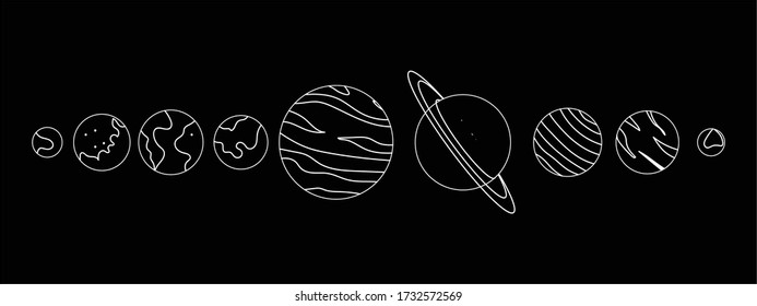 Ilustración vectorial del arte de dibujo. Fondo vectorial plano espacial con nave espacial, luna, Júpiter, planetas y estrellas. 