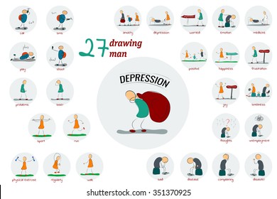 Vector illustration. Drawing. Big Icon set man or woman and family in depression who are fighting for their emotional state