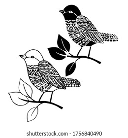 Ilustración vectorial, dibujo de pájaro, plantilla, imagen de tatuaje negro, aislamiento sobre un fondo blanco