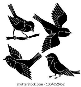 ilustración vectorial, dibujo de aves en negro, plantilla, ornamento para tatuar, aíslar sobre un fondo blanco