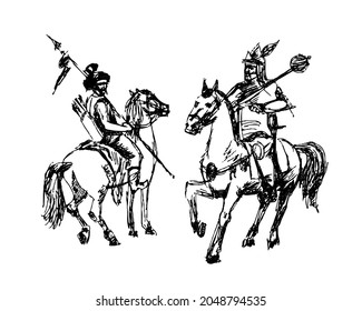 Vector illustration drawing black and white. Warriors of the East. Ancient warrior on horseback riders.