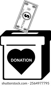 vector illustration drawing black and white icon dollar bill and donate box