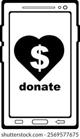 vector illustration drawing black and white icon mobile phone with a heart and dollar sign, in virtual donation concept