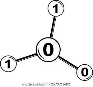 vector illustration drawing black and white icon molecule with numbers 0 and 1 of binary code system, in nanotechnology or biotechnology concept