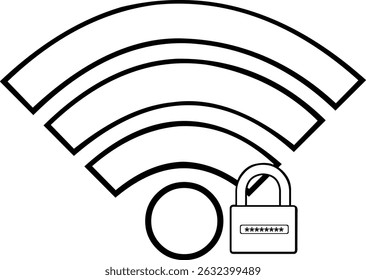 Dibujo de Ilustración vectorial Icono blanco y negro Contraseña de señal WiFi y Código de seguridad concepto de acceso a Internet de candado desbloqueado