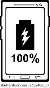Ilustración vectorial que dibuja el concepto 100% cargado de la batería del teléfono móvil del icono blanco y negro