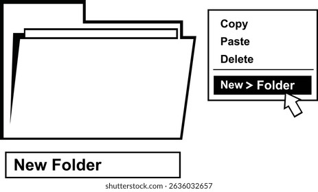vector illustration drawing black and white icon dropdown pop-up menu and mouse cursor selecting the new folder option