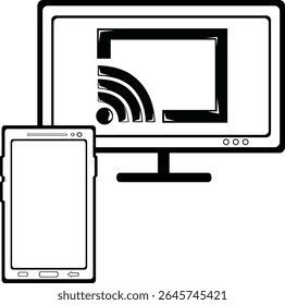 vector illustration drawing black and white icon mobile phone, wifi signal and computer monitor device, in screen view mirror concept