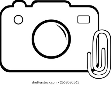 Vektorgrafik Zeichnung schwarz-weißes Symbol Fotokamera und Büroklammer in Konzept verbinden fotografisches Bild