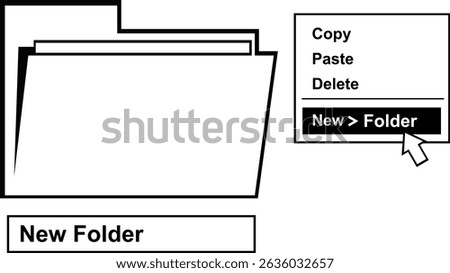 vector illustration drawing black and white icon dropdown pop-up menu and mouse cursor selecting the new folder option