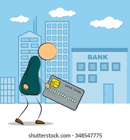 Vector illustration. Drawing. illustration of business man going to bank building