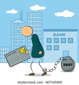 Vector Illustration. Drawing. Businessman Going From Bank Building With Credit Card And Chained With Debt In Depression