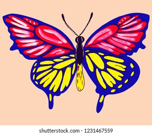 Vector illustration drawing butterflies multicolored watercolor on a beige background