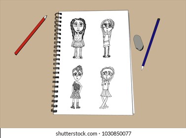 Vector illustration, drawing by hand, four girls on the album page


