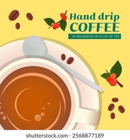 Vector illustration drawing. Cafe menu illustration. Warm, creamy hand drip coffee and coffee fruit illustration in a pretty teacup. Mixed coffee for advertising, promotion, marketing, and banner