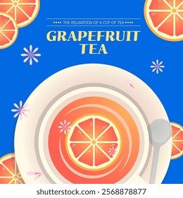 Vector illustration drawing. Cafe menu illustration. Grapefruit tea illustration made of healthy fruit grapefruit in a pretty teacup. Tea drink suitable for advertising, promotion, marketing, and bann