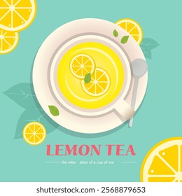 Vector illustration drawing. Cafe menu illustration. Lemon tea illustration made of healthy fruit grapefruit in a pretty teacup. Tea drink suitable for advertising, promotion, marketing, and banner