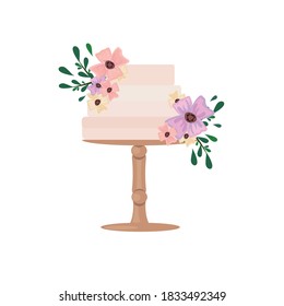 Vector illustration. Drawing of a cake on a cake bowl in flowers and herbs. Dessert concept with decor.