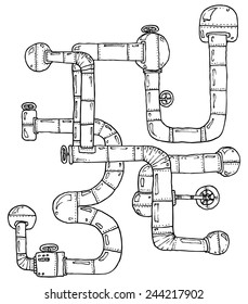 vector illustration drawing for a card with an abstract structure of tubes in the shape of letters TUBE, mechanical