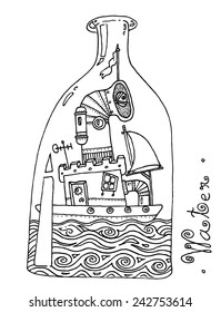 vector - illustration drawing for a card with a bottle, water, a boat with a castle on it, fairytale, dreamlike, story