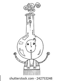 vector - illustration drawing for a card with a boy with his head inside of a bottle, funny, cartoon character
