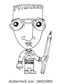 vector illustration drawing for a card with the caricature man with glasses holding a big pencil