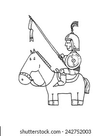 vector - illustration drawing for a card with a cartoon character, a knight riding a horse, funny, silly