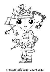 vector - illustration drawing for a card with a cartoon character with a mechanical helmet with different gadgets, holding a gun