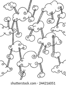 vector illustration drawing for a card with clouds on the sky with ladders connecting them, pattern, fairytale