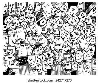 vector - illustration drawing for a card with a crowd of people, decorative pattern, funny, cartoon characters, toys, boys