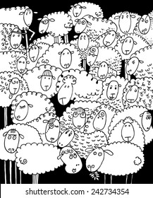 vector - illustration drawing for a card with a flock of sheep, funny, cartoon animals, pattern