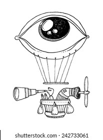 vector - illustration drawing for a card with a flying machine with a hot air balloon in the shape of an eye, a propeller and a spyglass